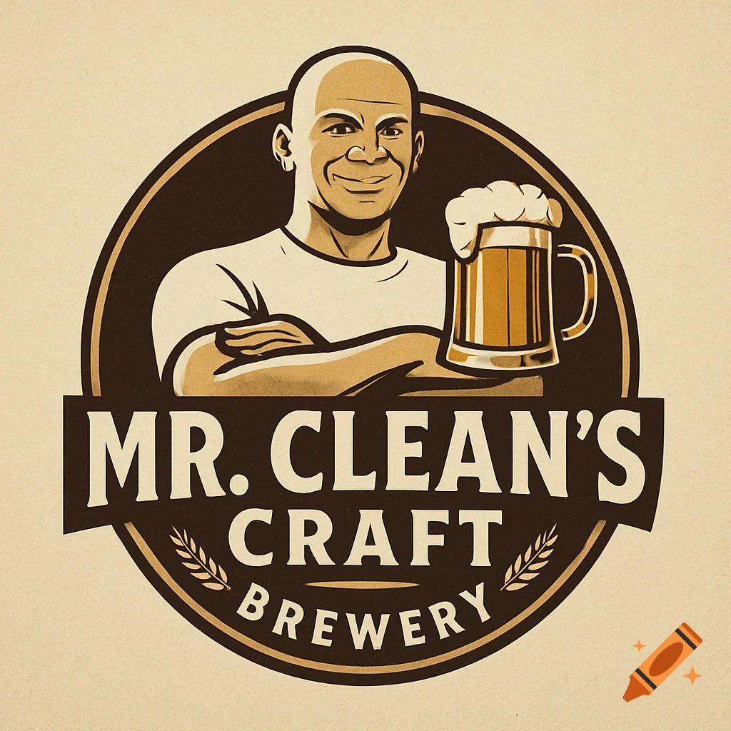 Logo of a bald man holding a beer mug, styled like Mr. Clean, with the text "Mr. Clean's Craft Brewery".