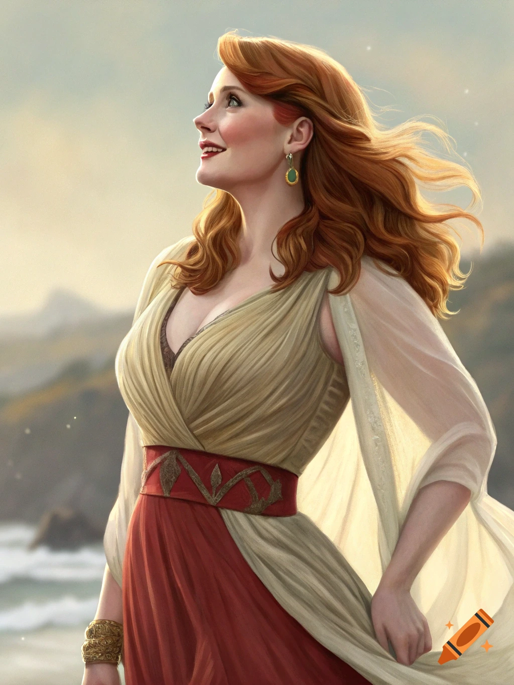 A woman with red hair in a flowing dress stands by the ocean. on Craiyon