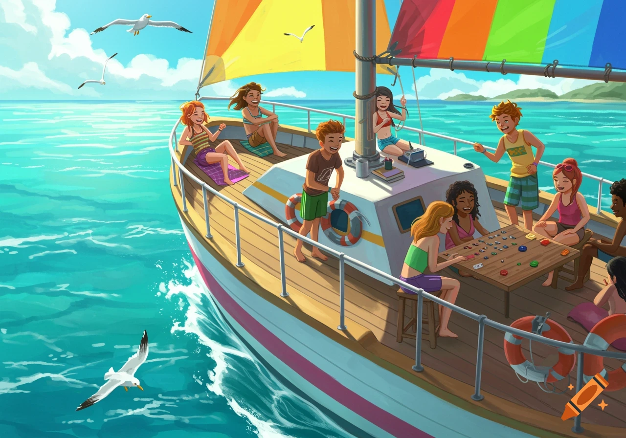 Group of teens on a sailboat playing games on a sunny day at sea.