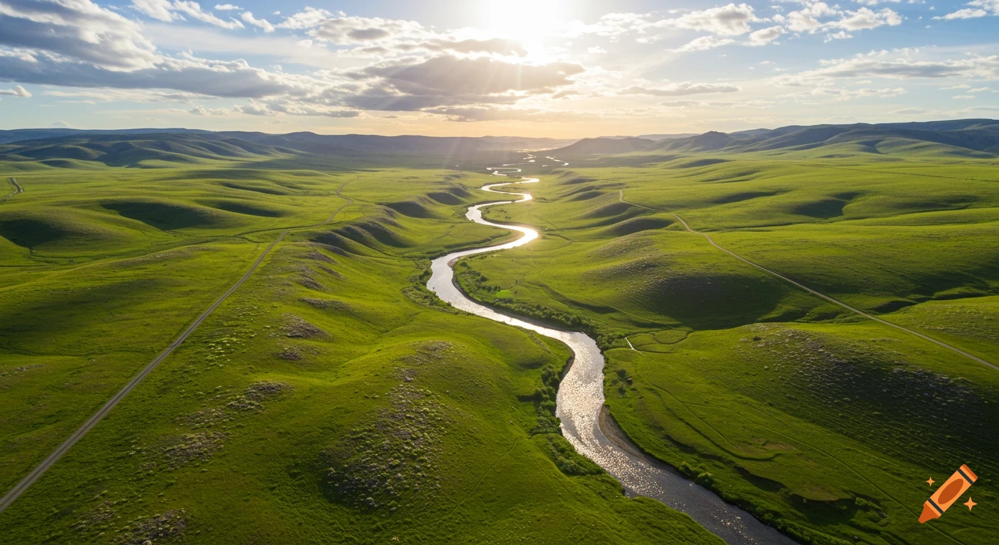 Aerial view of a winding river flowing through rolling green hills under a bright, cloudy sky.