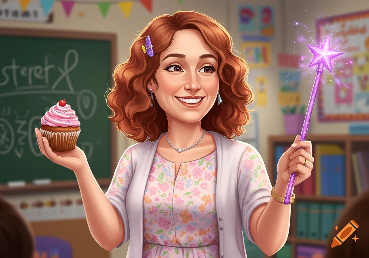A cartoon teacher holds a cupcake and a glowing purple magic wand in a classroom.