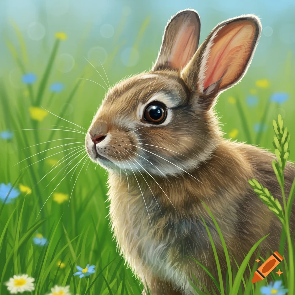 Close-up of a brown rabbit in a field of grass and flowers.