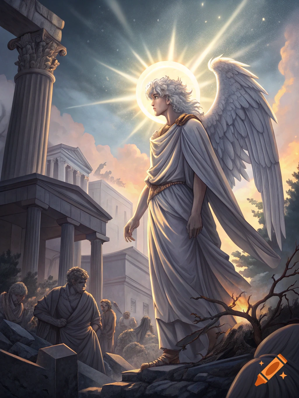 Anime style illustration of an angel or deity with wings and halo standing in ruins with ancient columns.