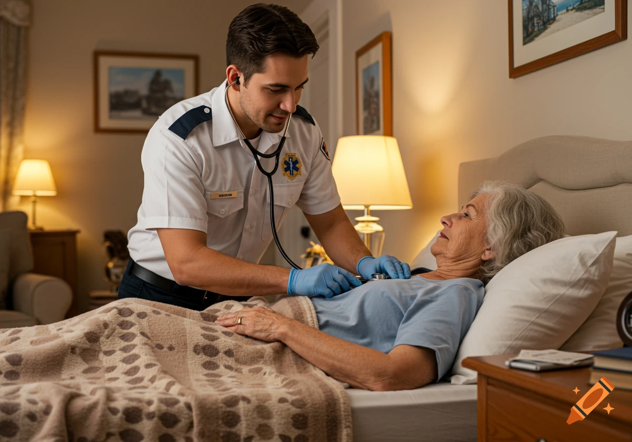Paramedic checking elderly woman with stethoscope in her home