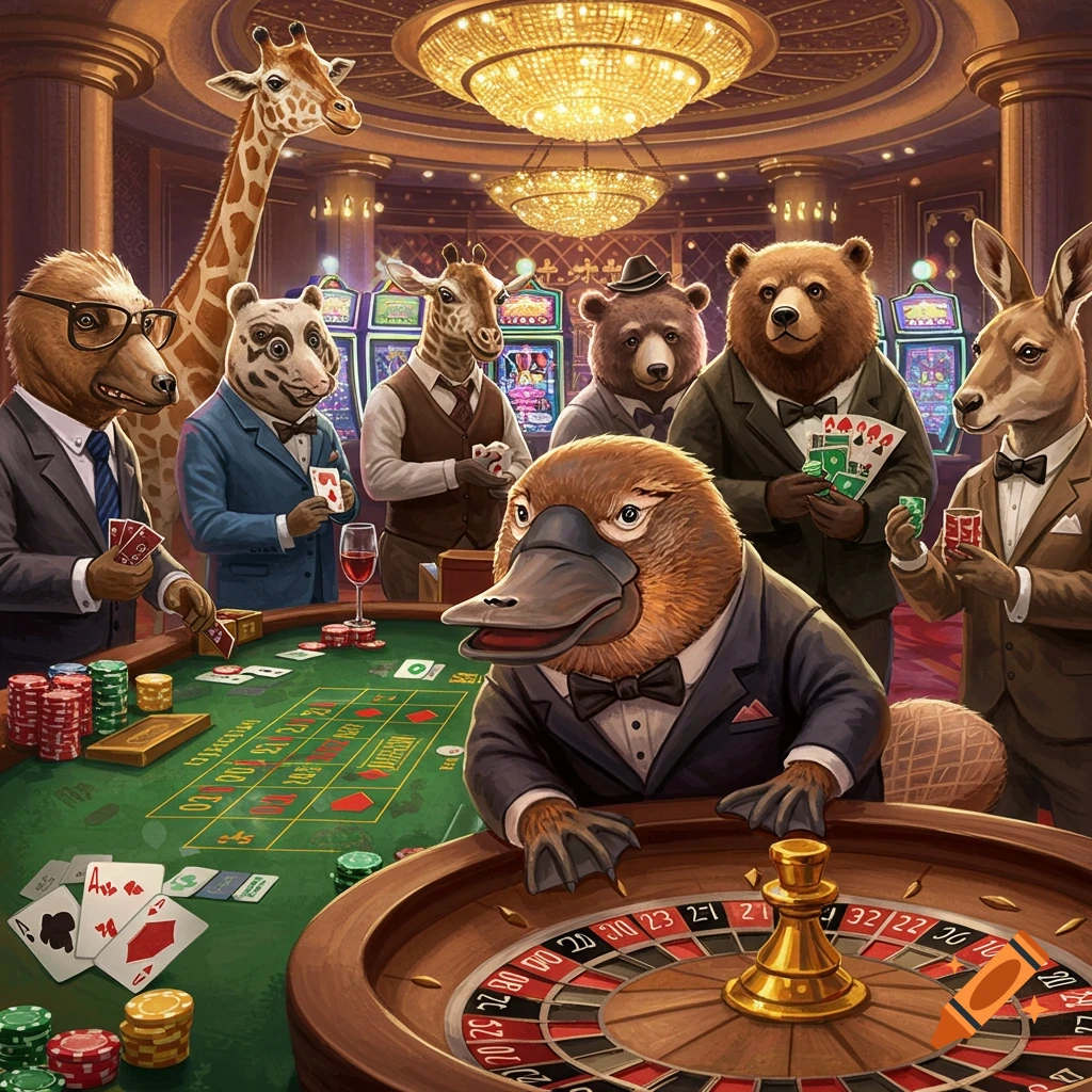 Anthropomorphic animals like a platypus, bear, giraffe, panda, badger, and kangaroo play poker and roulette in a casino.