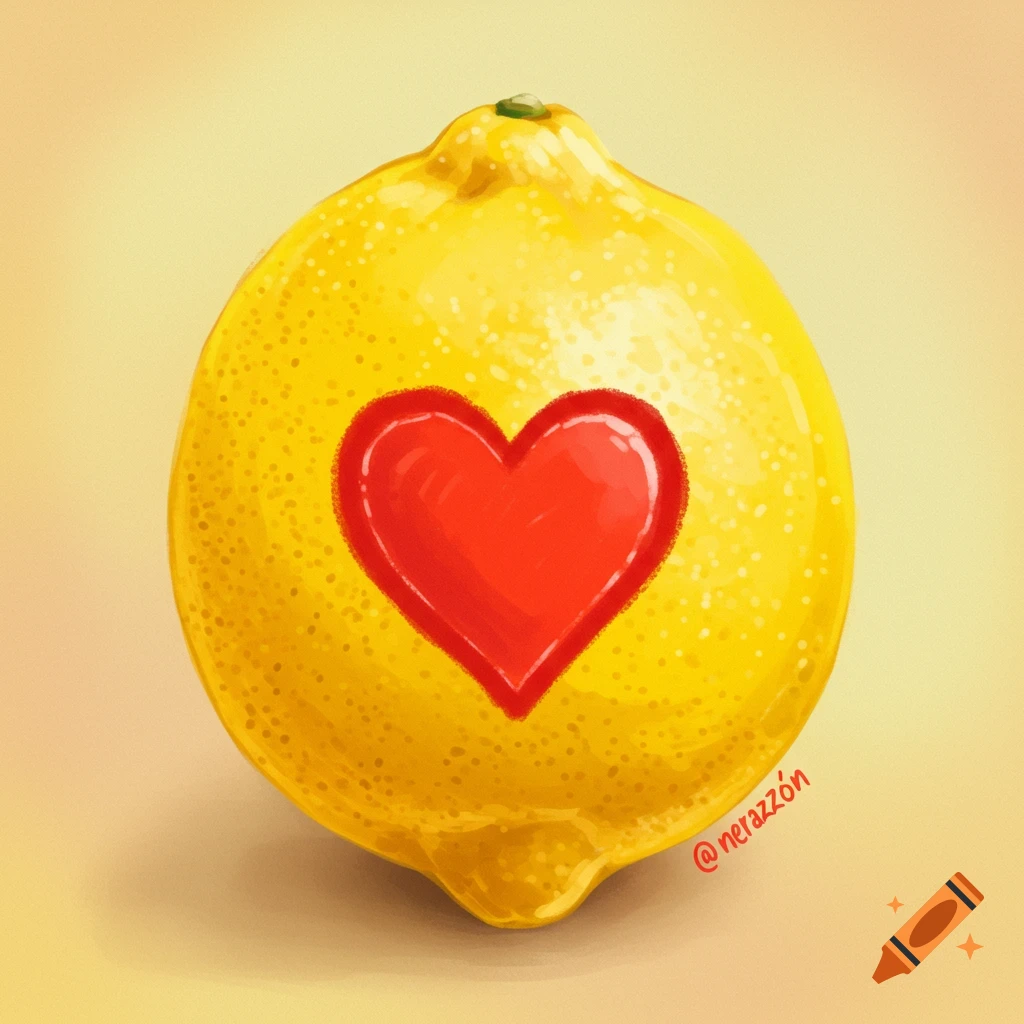 A painted lemon with a red heart carved into its skin.