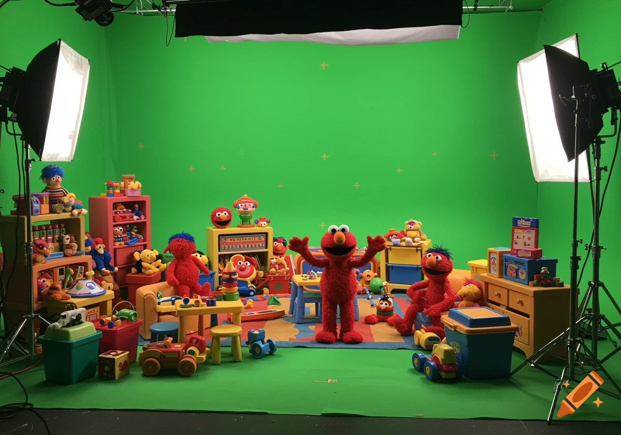 Sesame Street puppets and toys on a green screen set with studio lights