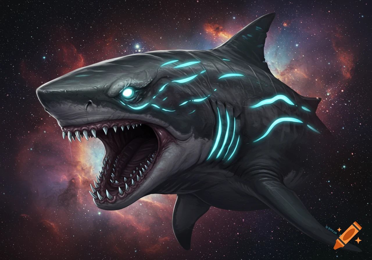 A fantasy illustration of a shark with glowing blue markings and eyes swimming through space.