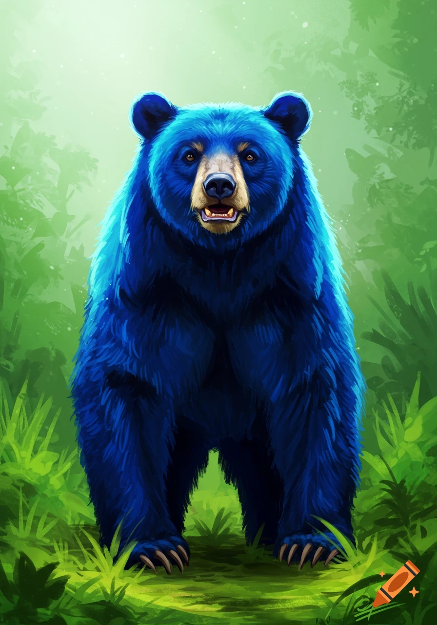 Digital painting of a blue bear standing in a forest clearing