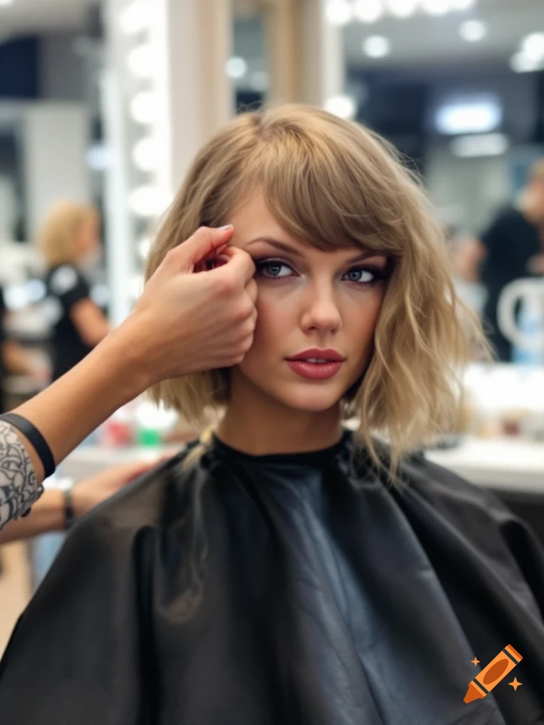 Woman resembling Taylor Swift getting eye makeup in a salon