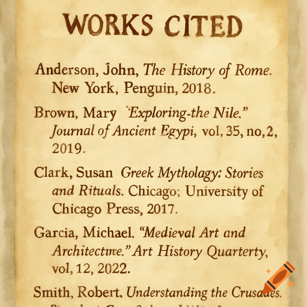 A works cited page on textured, aged paper.