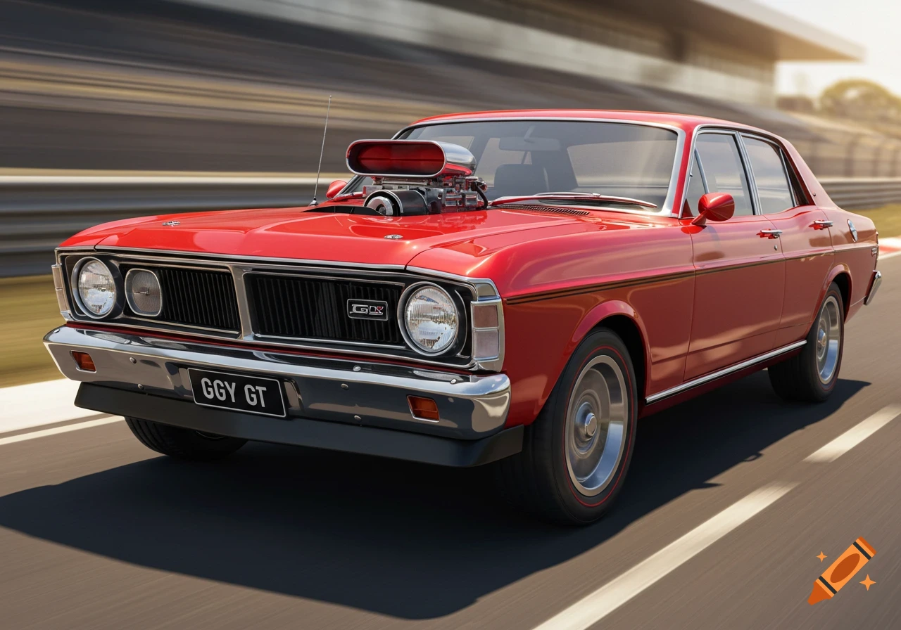 A red Ford Falcon GT XY with a supercharger on a race track.