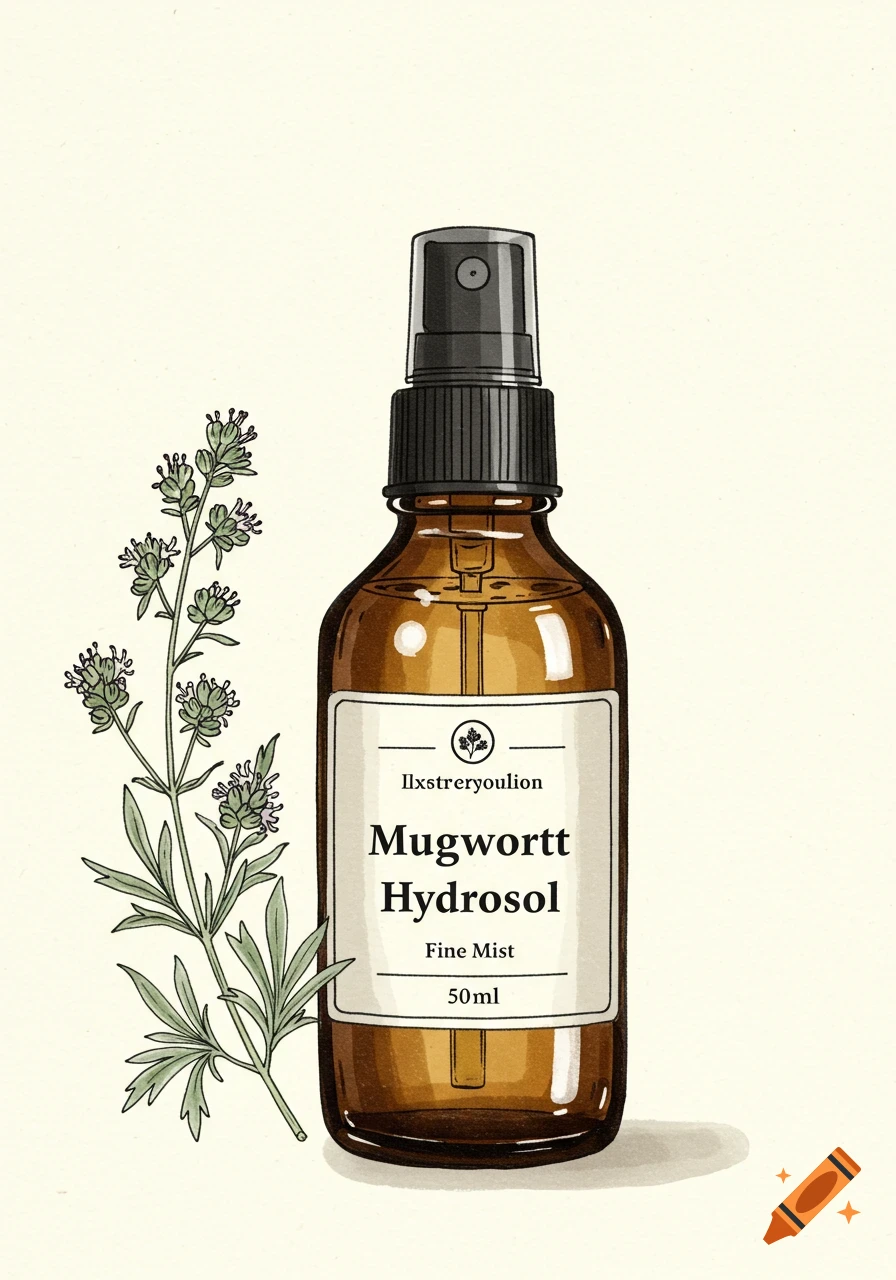 Illustration of an amber spray bottle next to a mugwort plant.