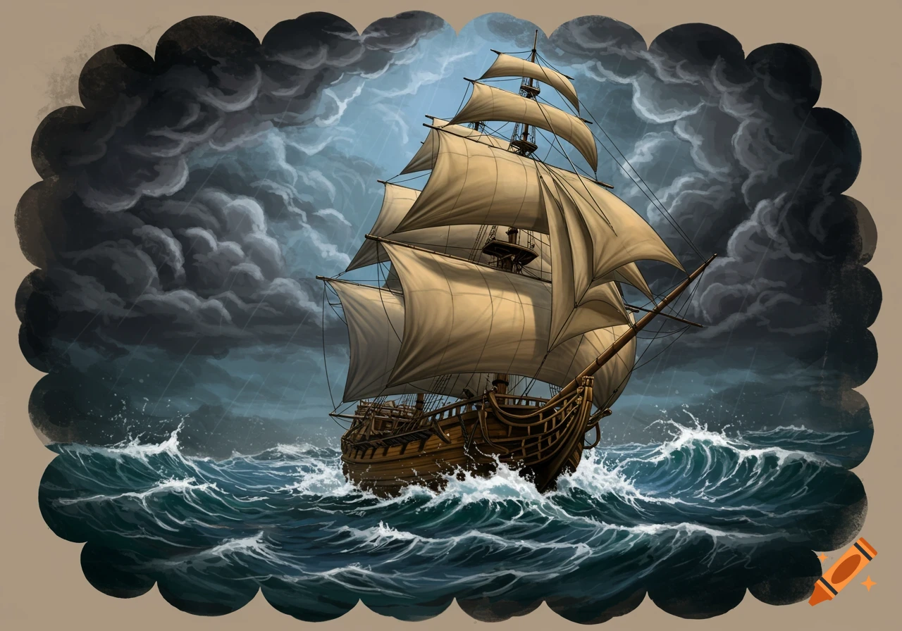 Illustrated galleon sailing through a storm on a rough sea within a decorative border.