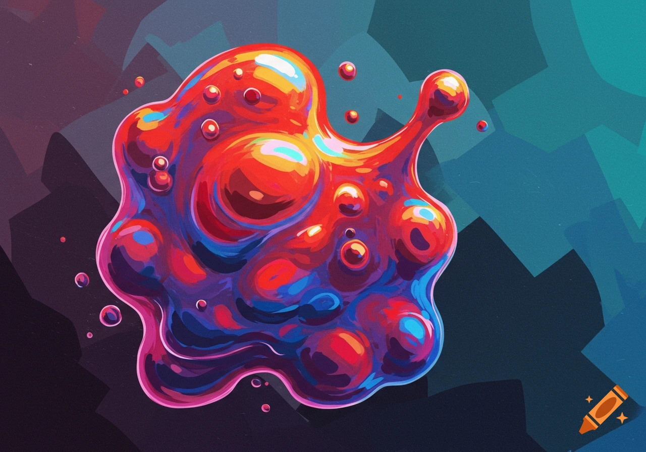 A vibrant red, blue, and purple abstract blob with bubbles on a dark, textured background.
