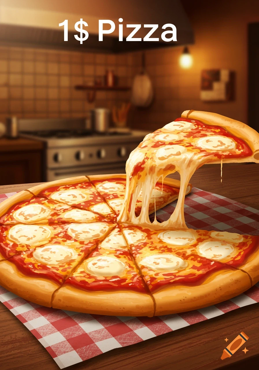 A slice being pulled from a large pizza on a checkered tablecloth, with "1$ Pizza" text at the top, in a kitchen setting.