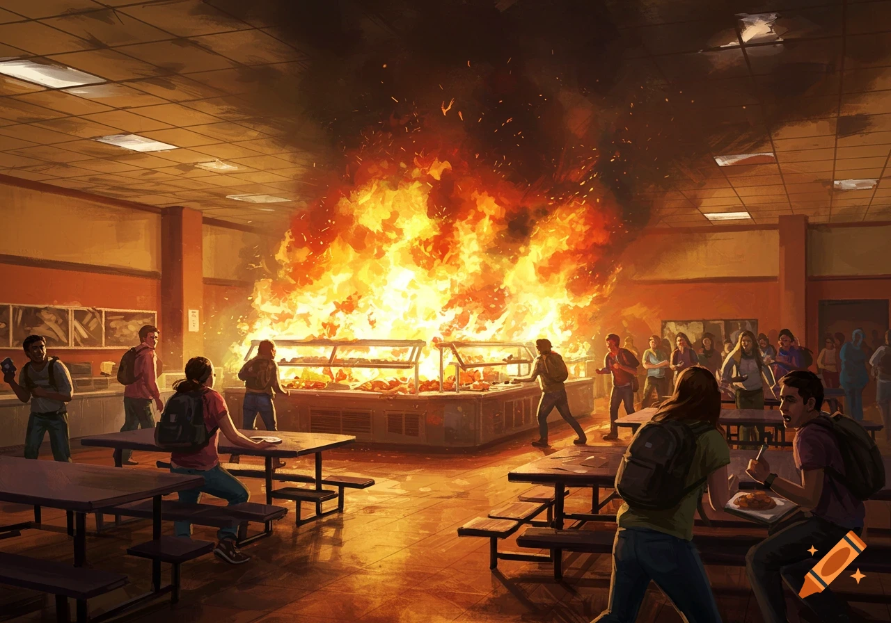 Digital painting of a college dining hall with a large fire spreading across the food serving area as students react.