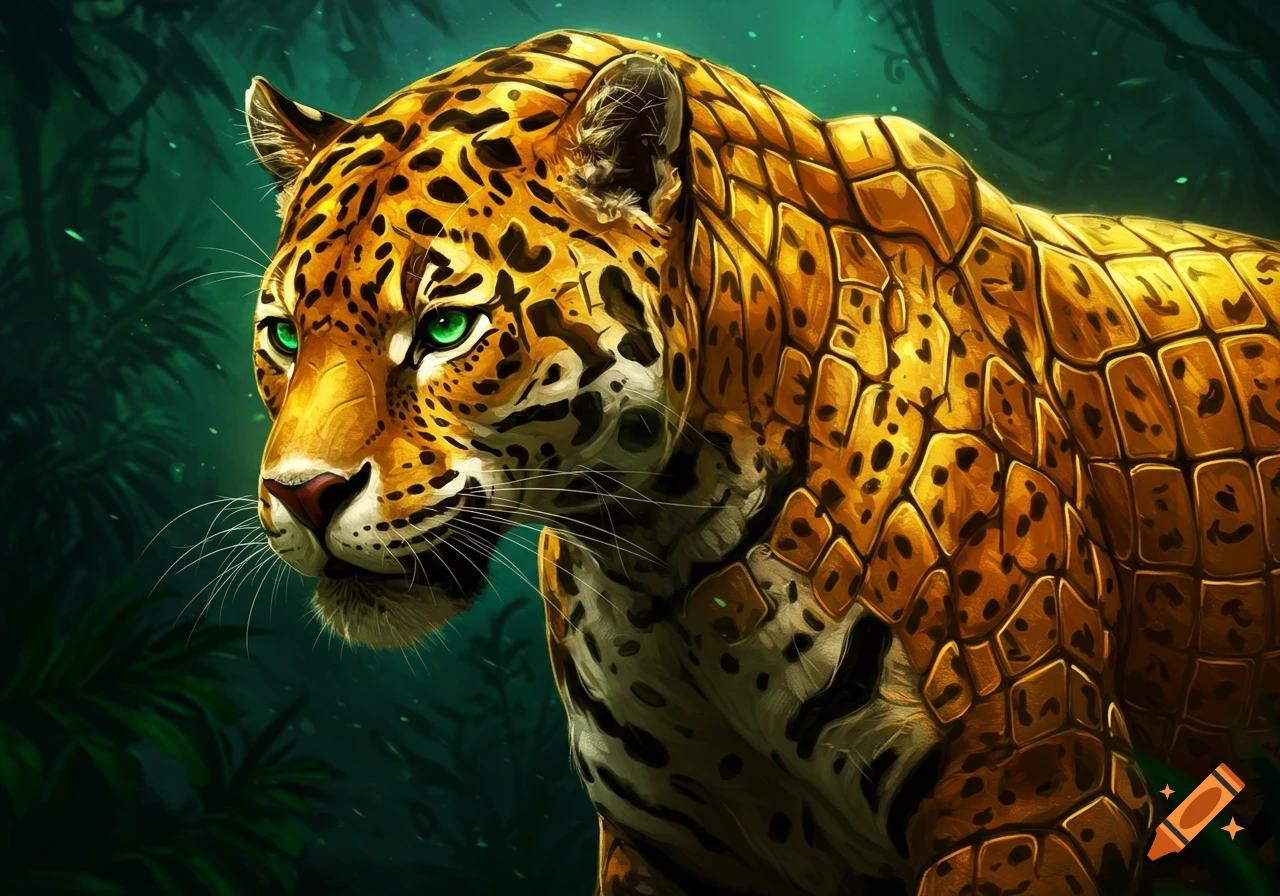 Digital art close-up portrait of a jaguar with green eyes and thick, armor-like golden skin, in a jungle background.
