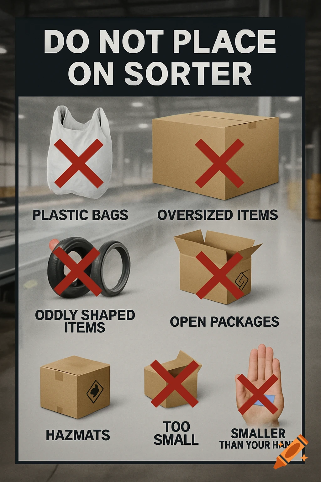 Safety poster showing 7 items not to place on a sorter: plastic bags, oversized items, oddly shaped items, hazmats, open packages, too small, smaller than your hand. Each item has a red X.