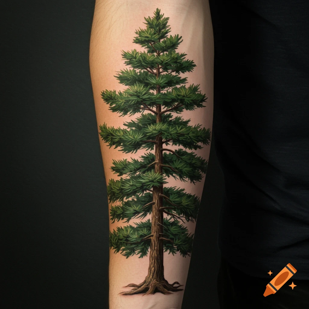 Detailed pine tree tattoo on a person's forearm
