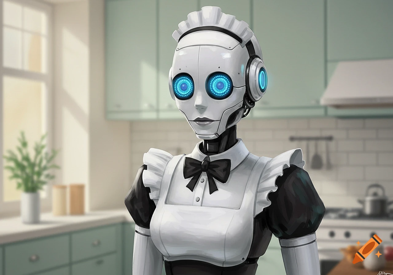 A digital illustration of a robot wearing a maid outfit standing in a kitchen.