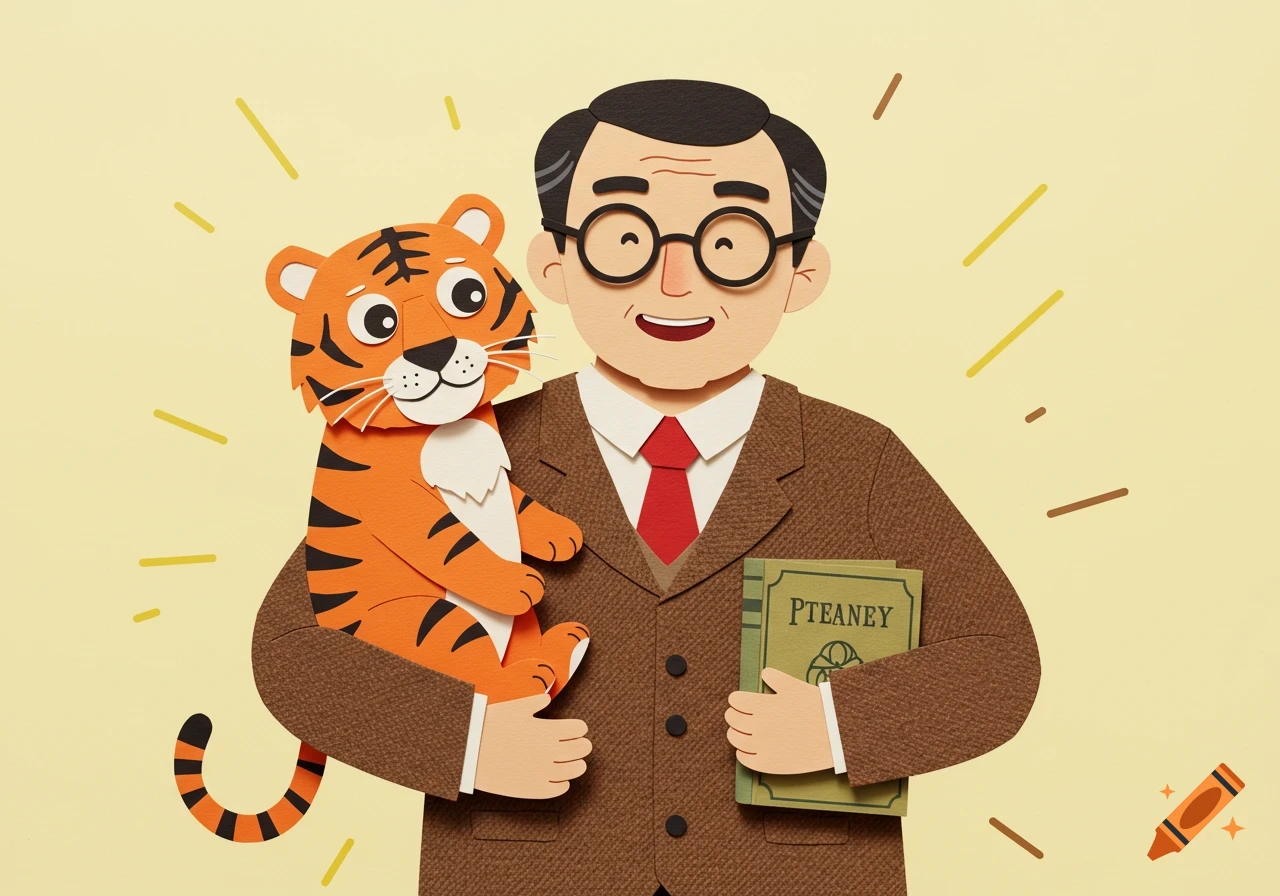 Papercraft illustration of a man in a suit holding a tiger and a book.