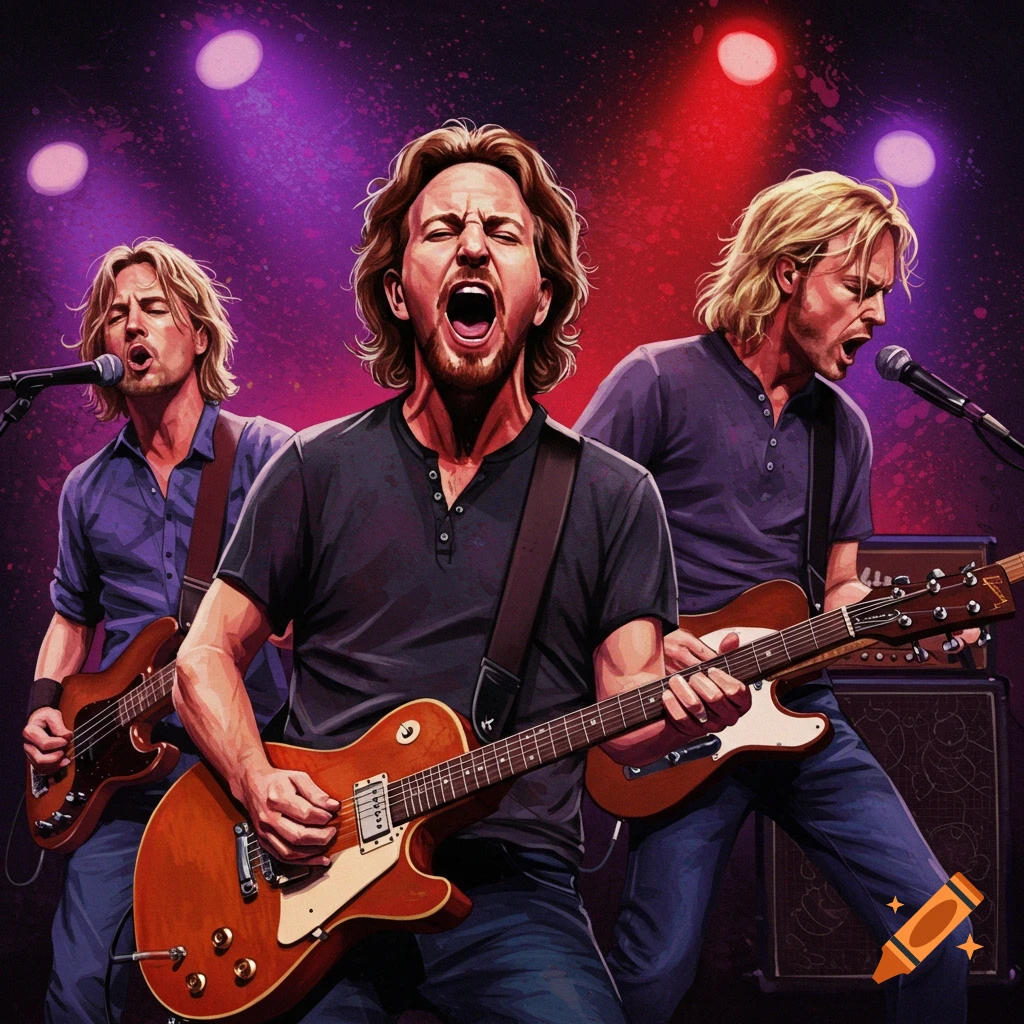 Illustration of a band playing guitars and singing on a stage under spotlights