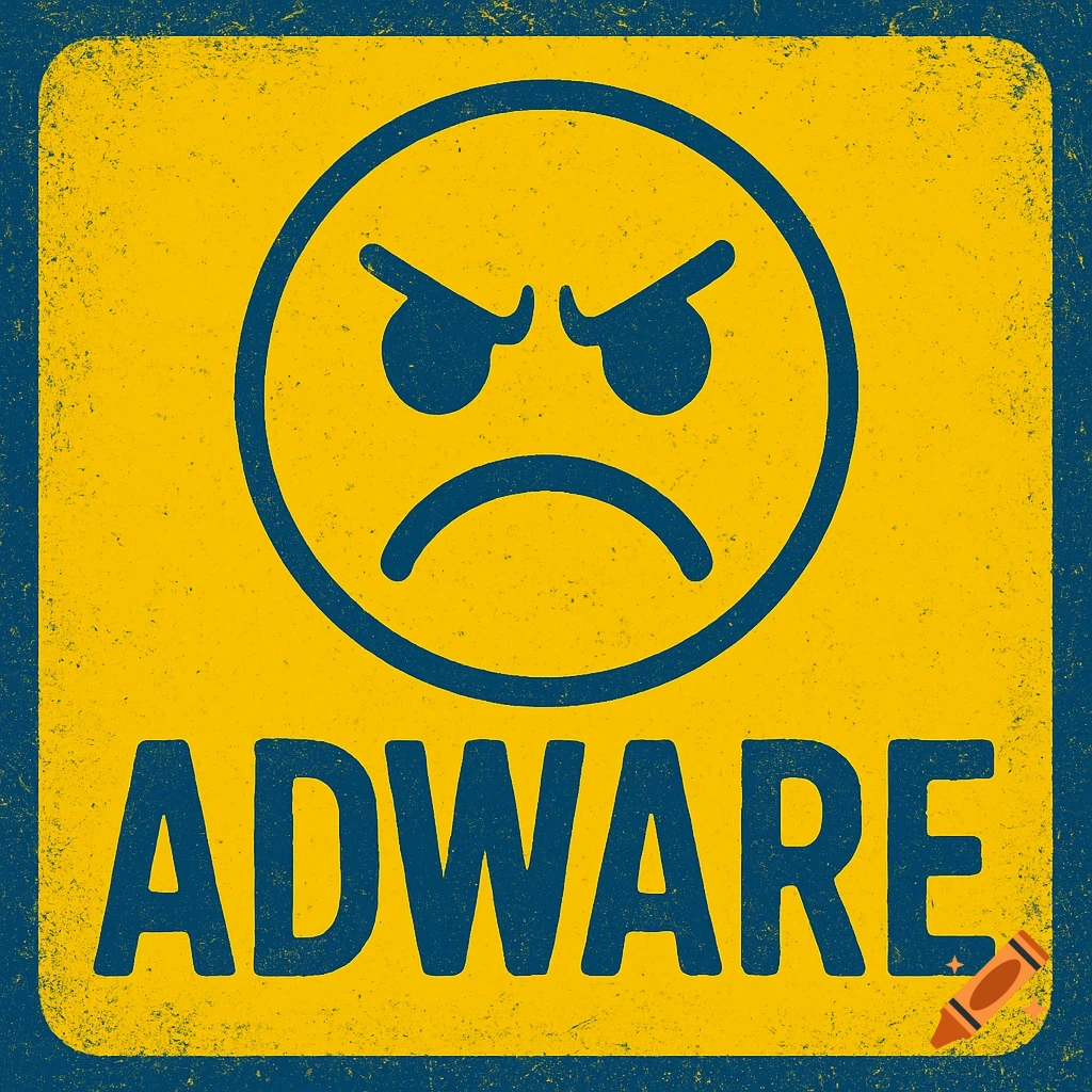 Yellow and blue graphic with an angry face emoji and the word ADWARE