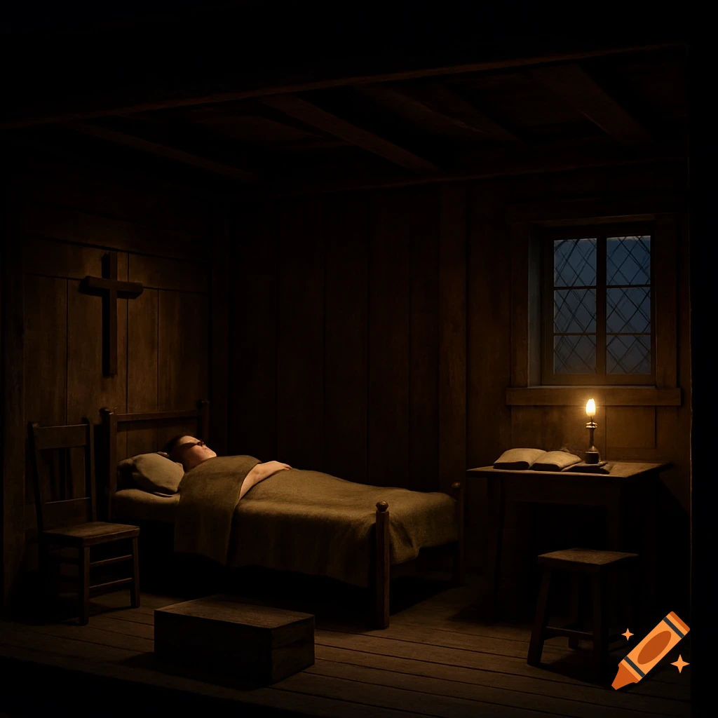 A dimly lit theatre set depicting a 17th-century Puritan bedroom with a person in bed, a cross, and a table with a book and candle.
