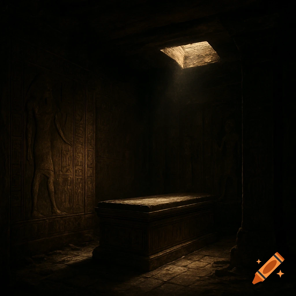 Dark, dramatic interior of an ancient Egyptian tomb with hieroglyphs on the wall, featuring a sarcophagus under a shaft of light.