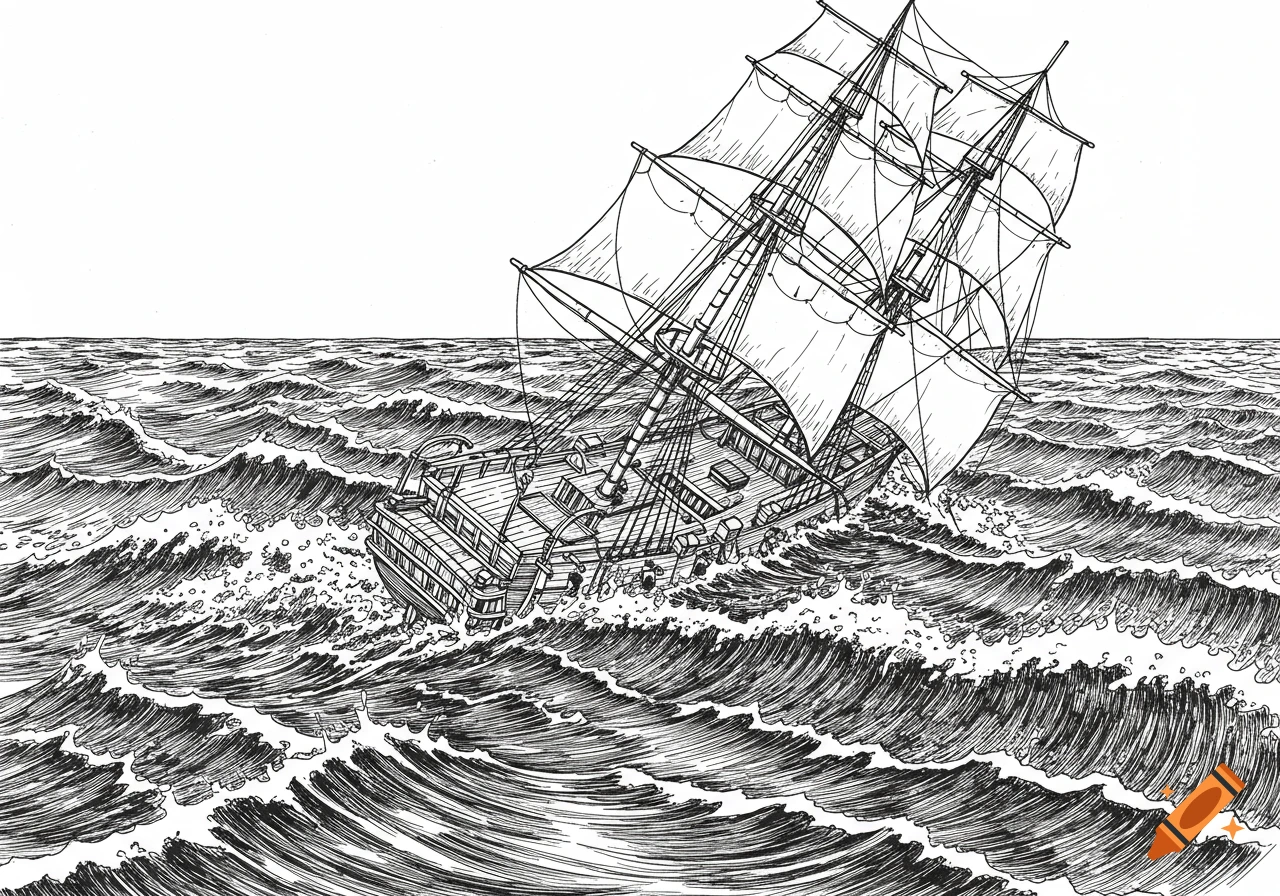 Black and white ink drawing of a sailing ship battling rough waves.