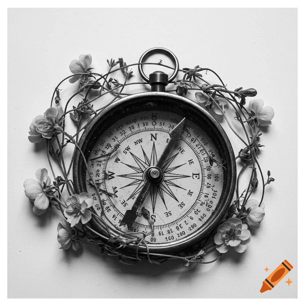 Black and white close-up of an antique compass surrounded by flowers and vines.