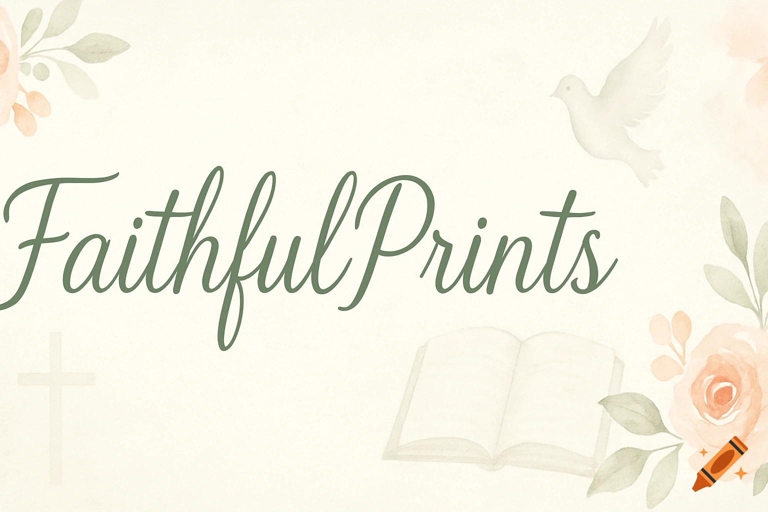 Watercolor banner with 'Faithful Prints', dove, cross, bible, and flowers.