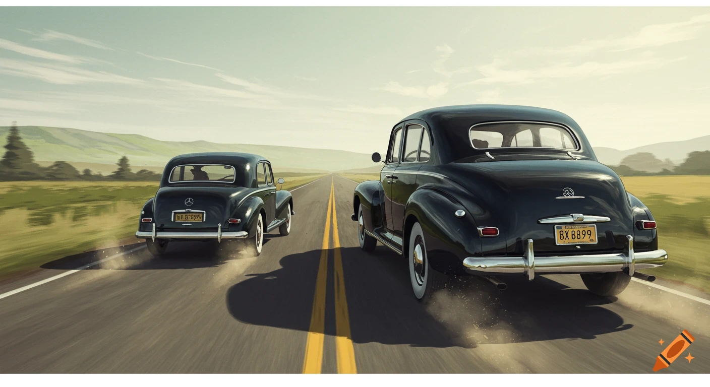 Two vintage black cars drive down a highway through a grassy landscape.