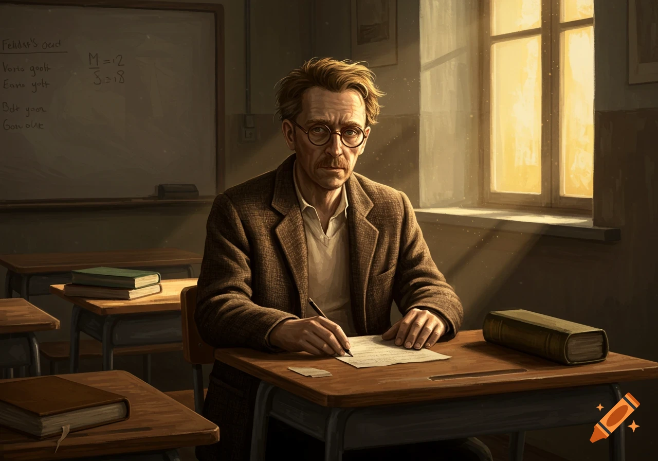 A man wearing glasses and a tweed jacket sits at a desk in a sunlit classroom, writing on paper. A whiteboard behind him has illegible writing.