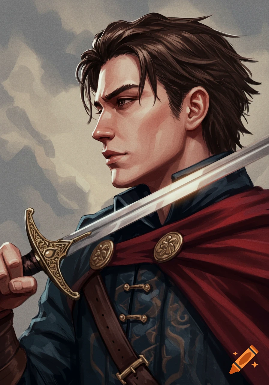 Side profile portrait of a man in fantasy attire holding a sword.
