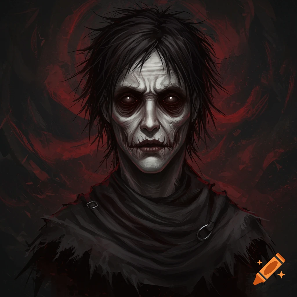 A dark portrait of a creepy figure with pale skin, sunken red eyes, and a stitched mouth in a horror art style.