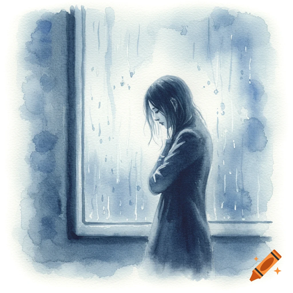 Watercolor painting of a person looking out a rainy window