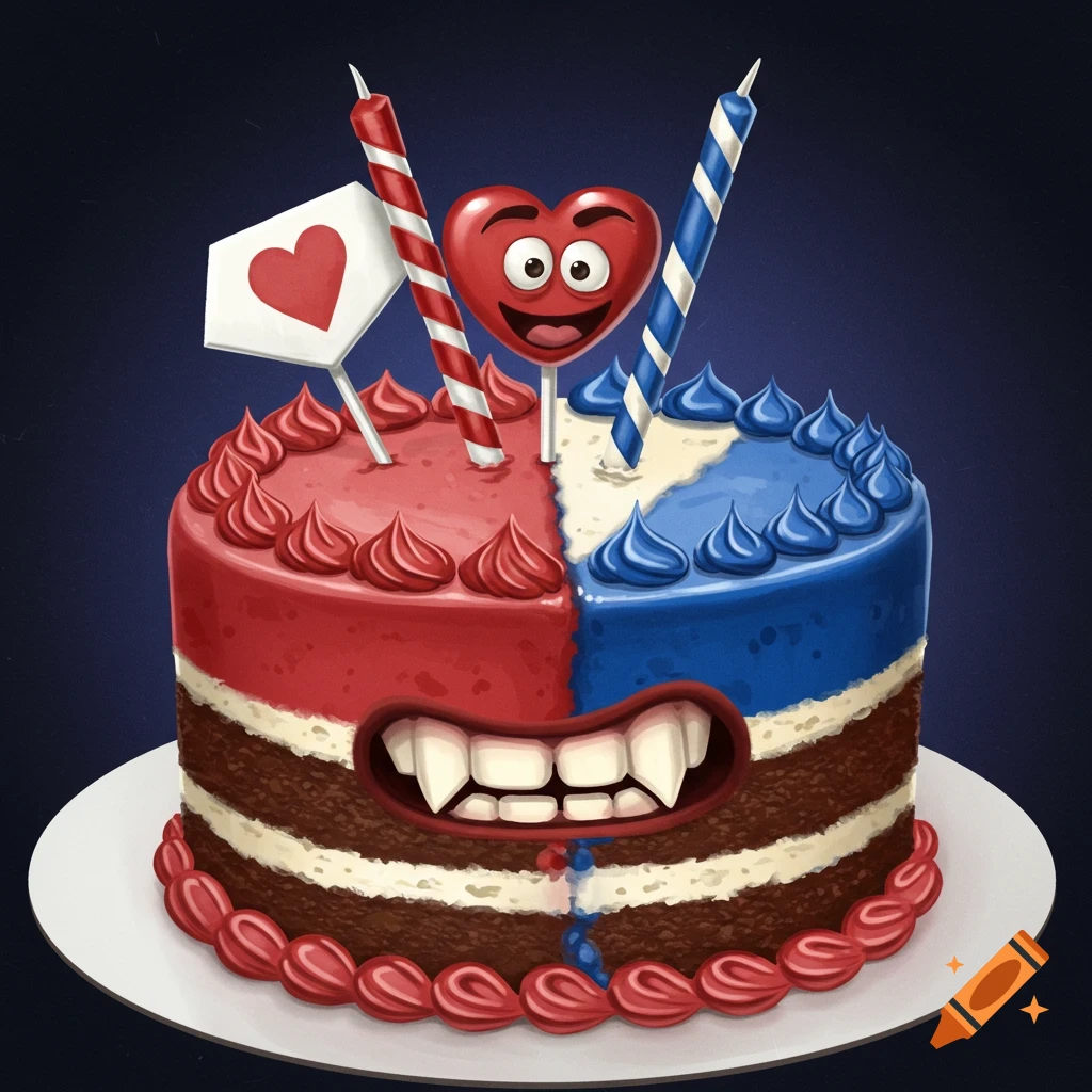 Funny illustrated cake split in red and blue halves with a heart head and fanged mouth.