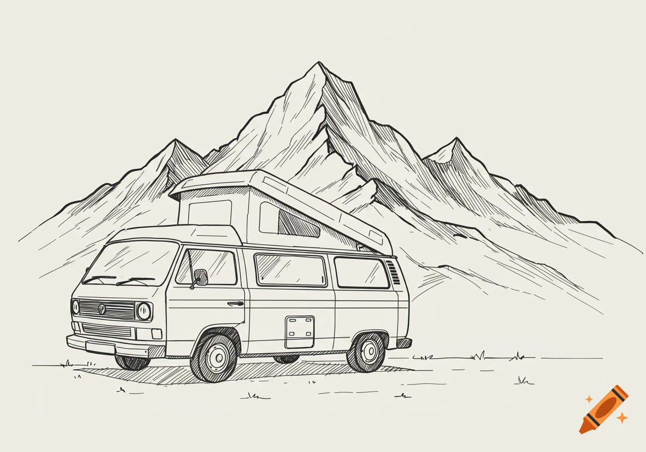 Line drawing of a campervan parked in front of mountains.