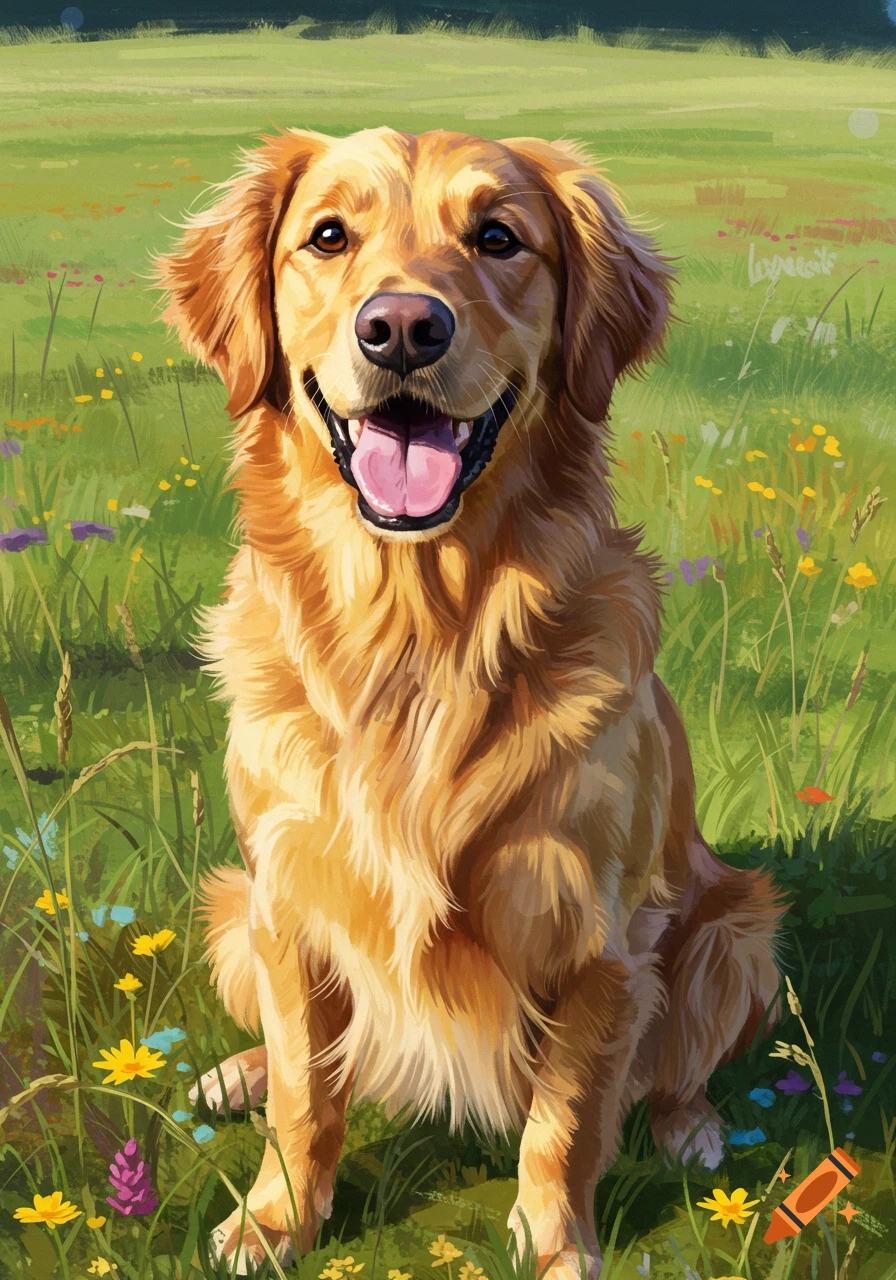 A golden retriever sits in a field of wildflowers in a bright ...
