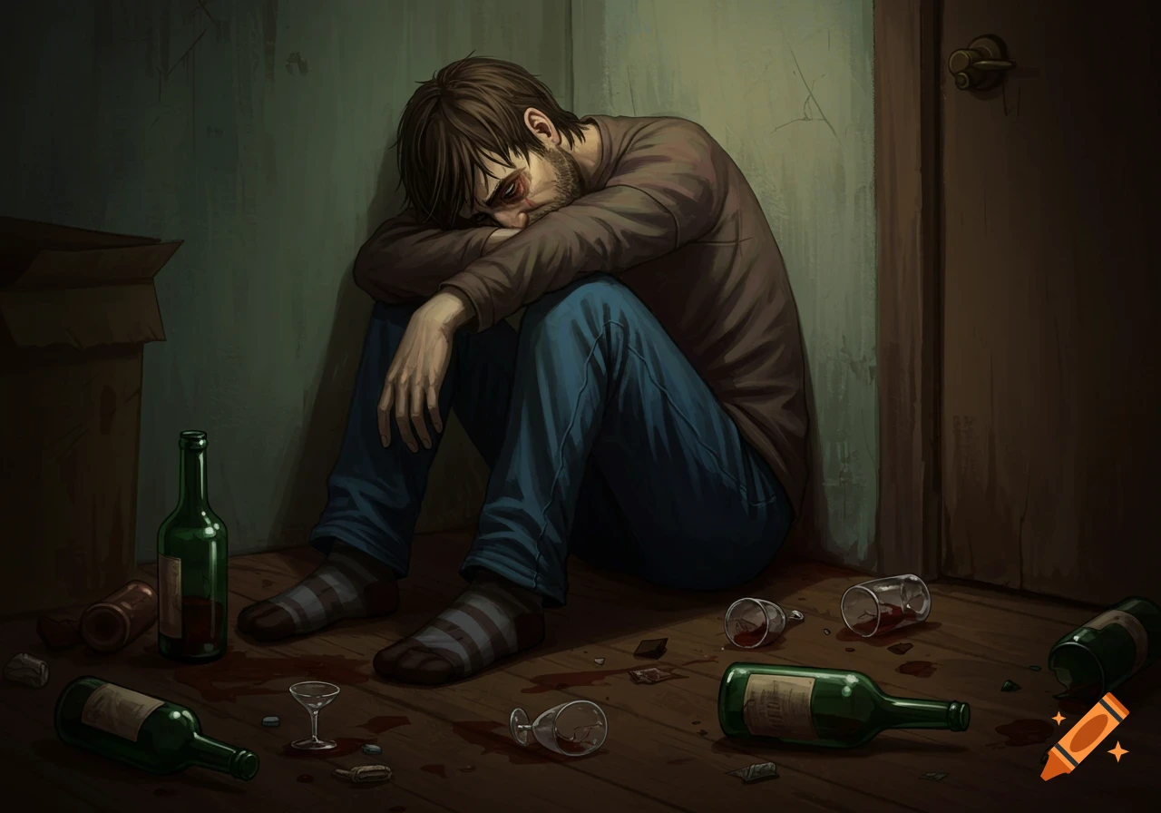 Illustration of a man slumped on the floor with empty alcohol bottles around him.