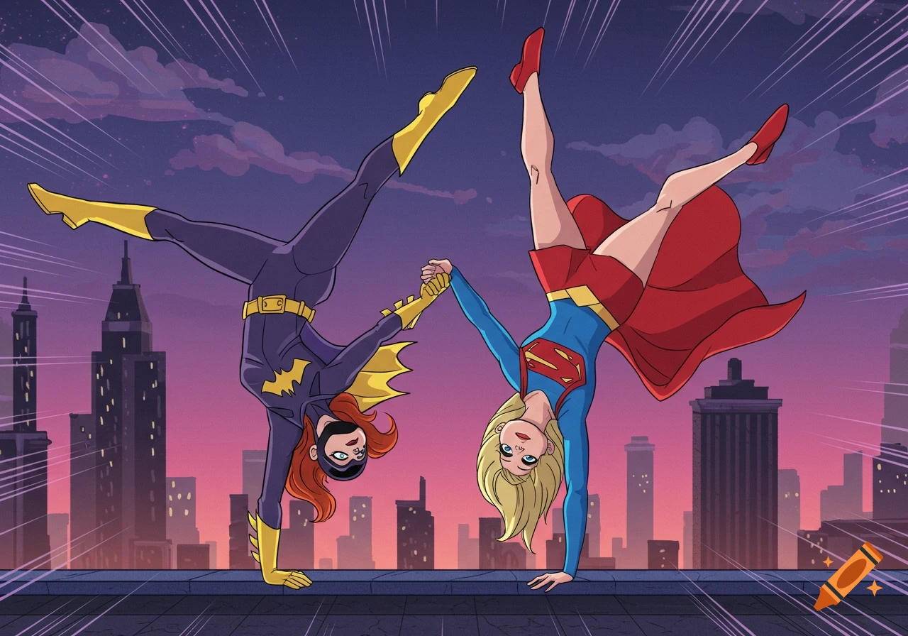 Batgirl and Supergirl doing handstands on a rooftop at sunset in an animated style