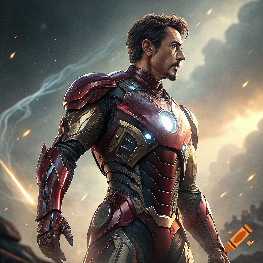 Iron Man in his suit stands against a dramatic sky