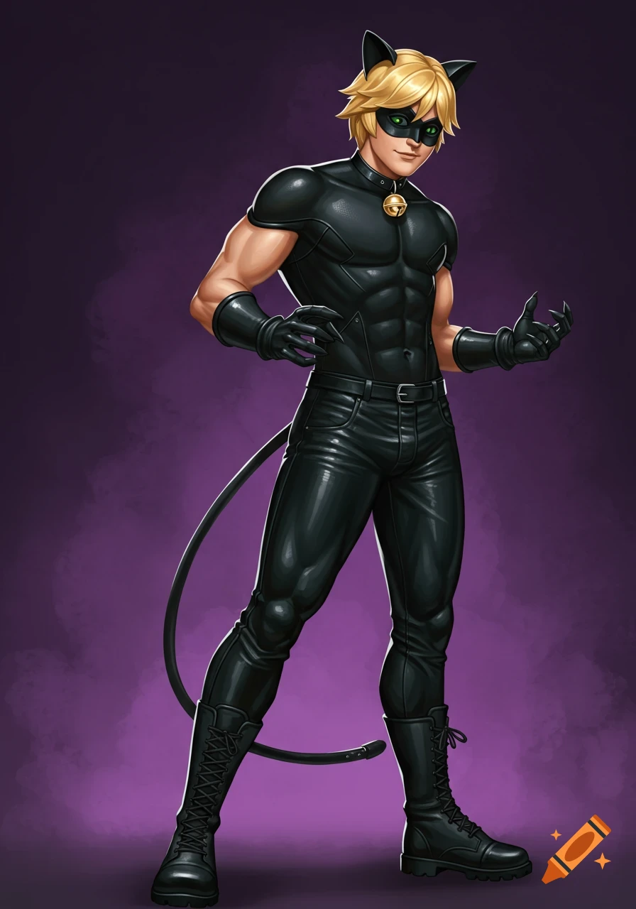 A man in a black Chat Noir costume with blonde hair and green eyes poses.