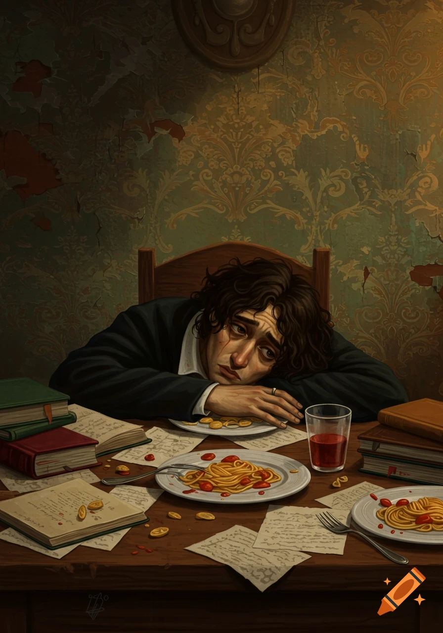 Distressed man leans on table with books, papers, spaghetti in painterly style.