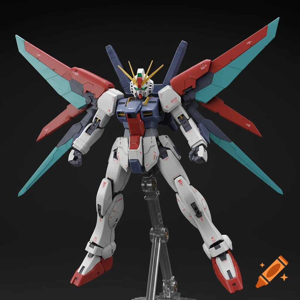 A detailed model of a white, red, and blue Gundam robot with large wings stands on a clear base.