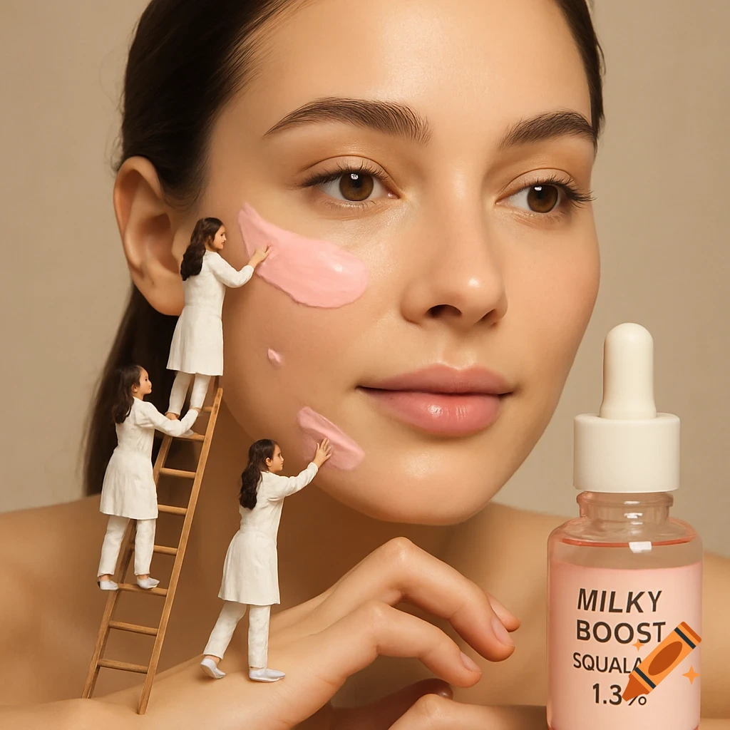Close-up of woman with tiny figures applying pink cream to her face, bottle of serum beside her.