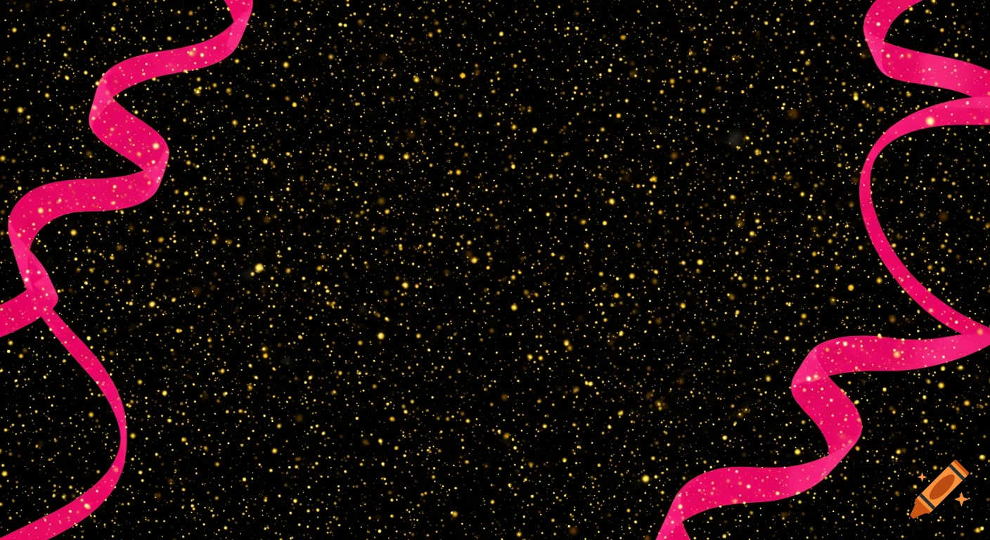 Black background with gold sparkles and hot pink ribbons framing the sides.
