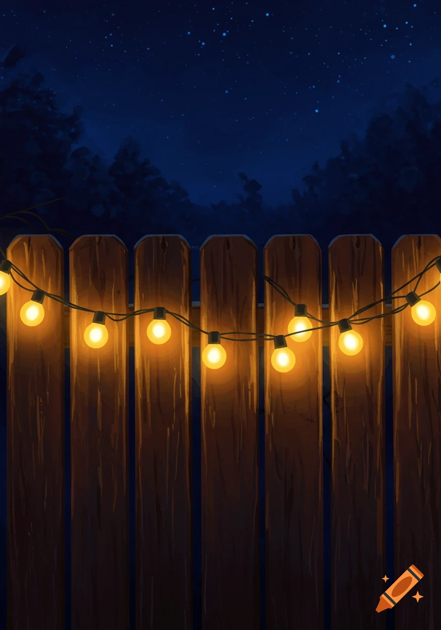 String lights hang on a wooden fence at night with a starry sky.